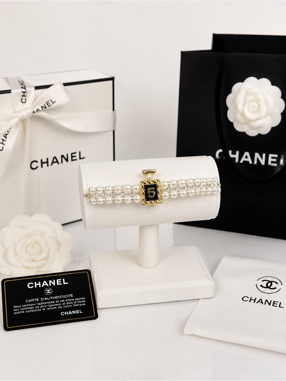 Luxury White Pearl Triple-Row Bracelet with Number 5 Medallion